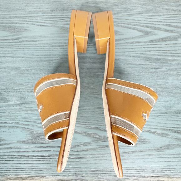 Tory Burch Leather Stitched Logo Slide Heeled Sandal Cognac Brown 9 - Picture 4 of 9